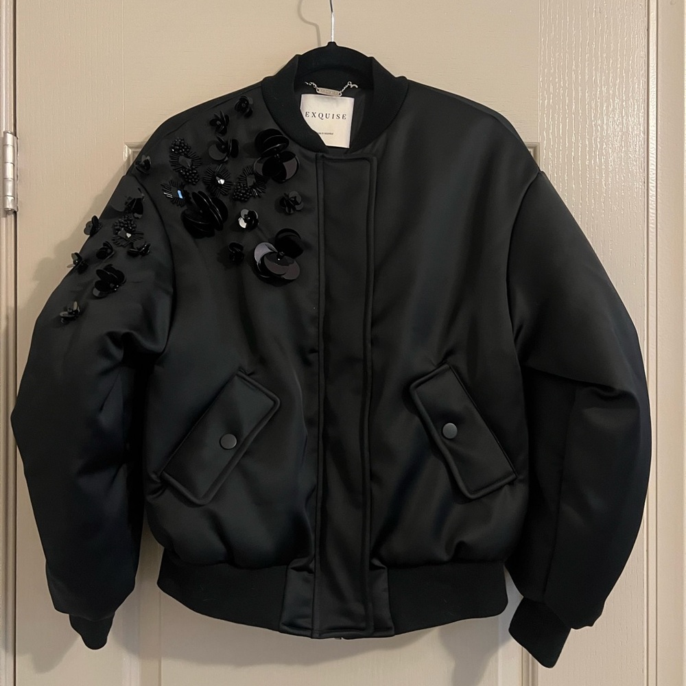 EXQUISE Black 3D Floral Embellished Bomber Jacket Size US 2